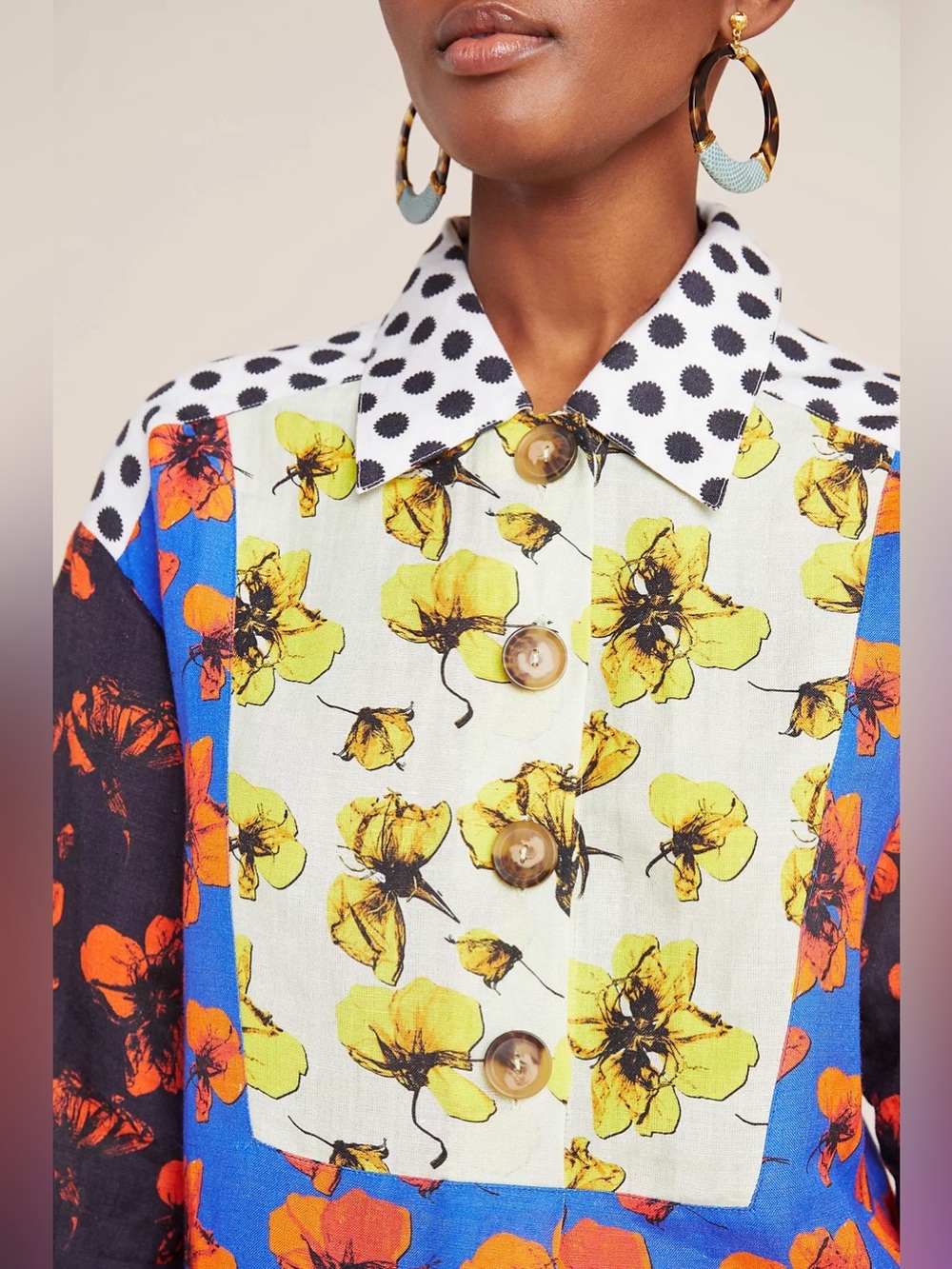 Anthropologie Dhruv Kapoor Coralia Floral Linen Blend Patchwork Shirt Size M - Picture 4 of 13